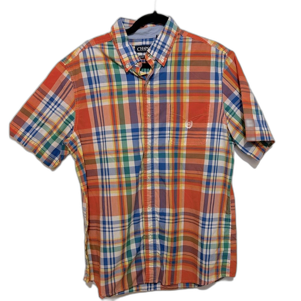 Chaps Easy Care Orange Blue Green Plaid Cotton Short Sleeve Mens size large
